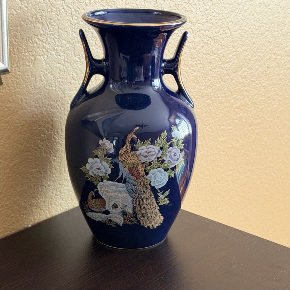 Vintage Japanese Cobalt Blue Peacock Vase | Hand-Painted 10” Ceramic Glazed